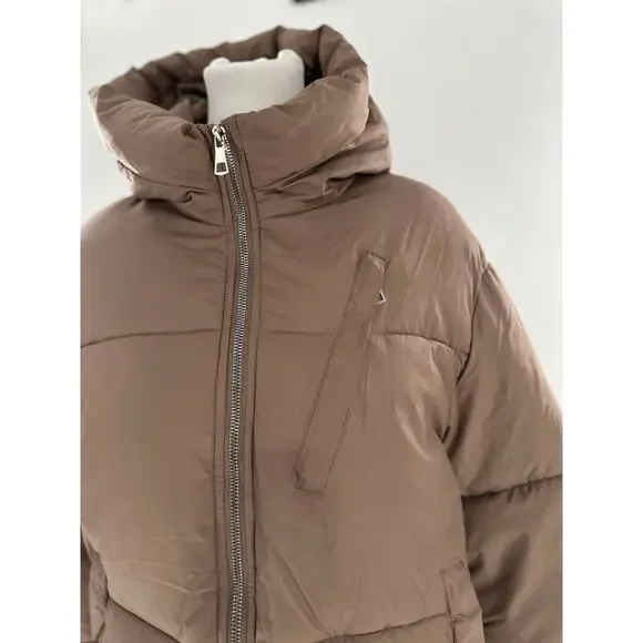 Shein Puffer Coat Jacket Sz L Brown Minimalist Trendy High Neck Normcore - Picture 2 of 11